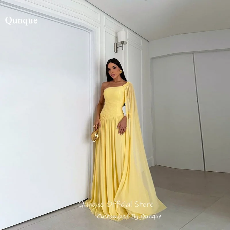 

Qunque Yellow One Shoulder Evening Dresses Floor Length A Line Party Gowns Chiffon 2026 Elegant Dresses For Women Customized