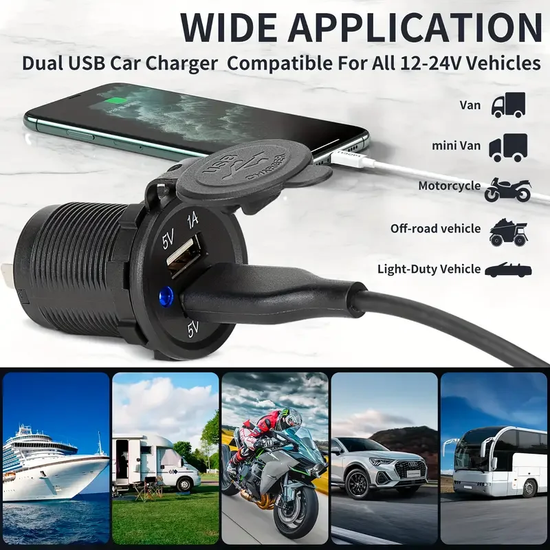 12-24V dvojí USB auto nabíječka nástrčkový vodotěsný auto energie vývod 3.1A USB nabíječka pro auto motocykl kamion RV loď