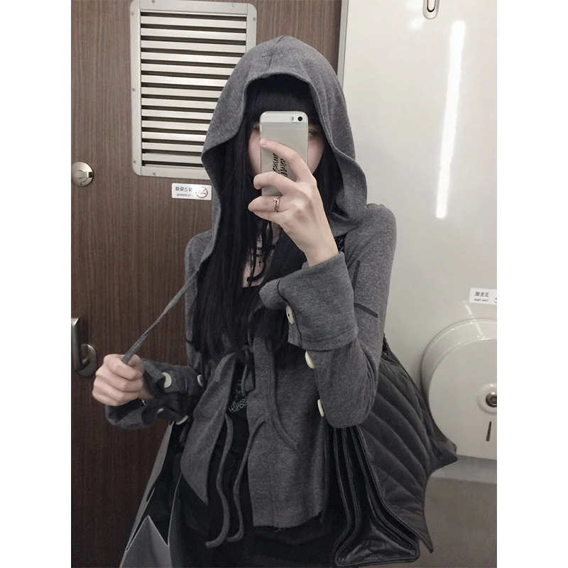 MEXZT Y2K Cross Print Hoodies Women Streetwear Gothic Cropped Hooded Sweatshirts Harajuku Vintage Bandage Long Sleeve Pullover