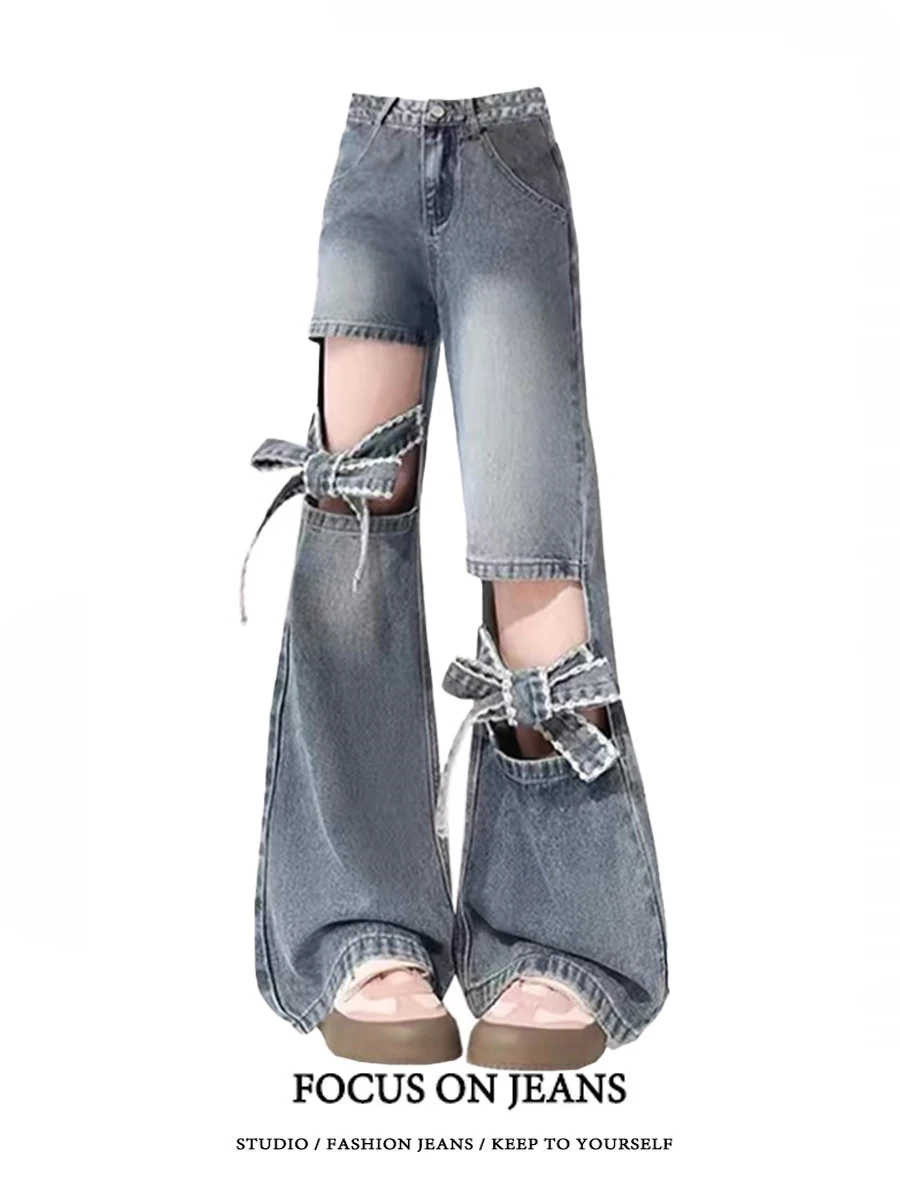 

High Waist Bell Bot Denim Jeans Women Summer Thin Design Sense American Retro Hollow out Knot Hole Punching Pants