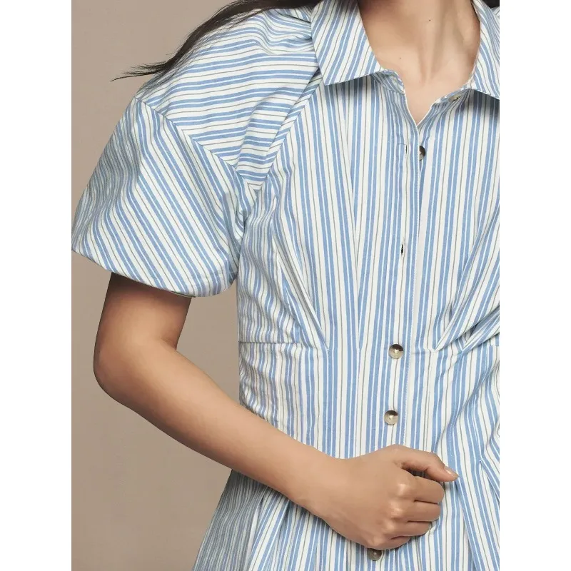 Amazon zacht reversoverhemd, gestreepte minirok met enkele rij knopen, zomer Europese stijl, elegante grensoverschrijdende dameskleding