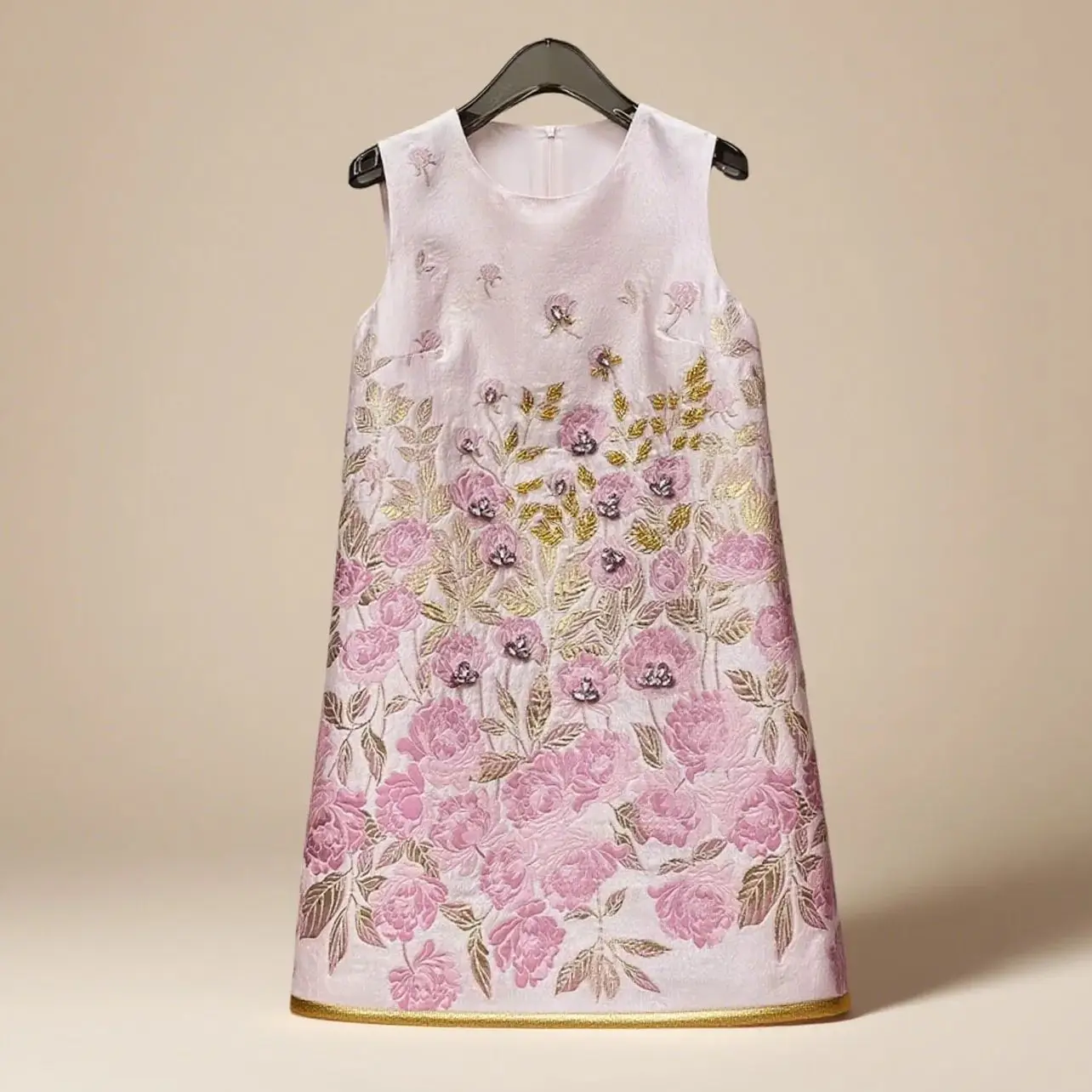 

High Quality Light Pink Embroidery Elegant Vest Dress for Lady New Spring Summer O-neck Beads Diamonds Sleeveless Party Dress