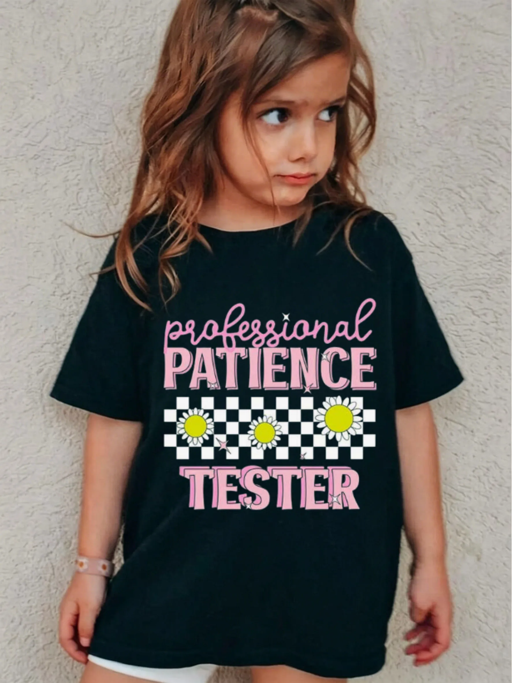 Professional Patience Tester Kids Tee, Fun & Quirky Parent-Child Style Print, Pink and Black Checkerboard Girls' Crew Neck Short