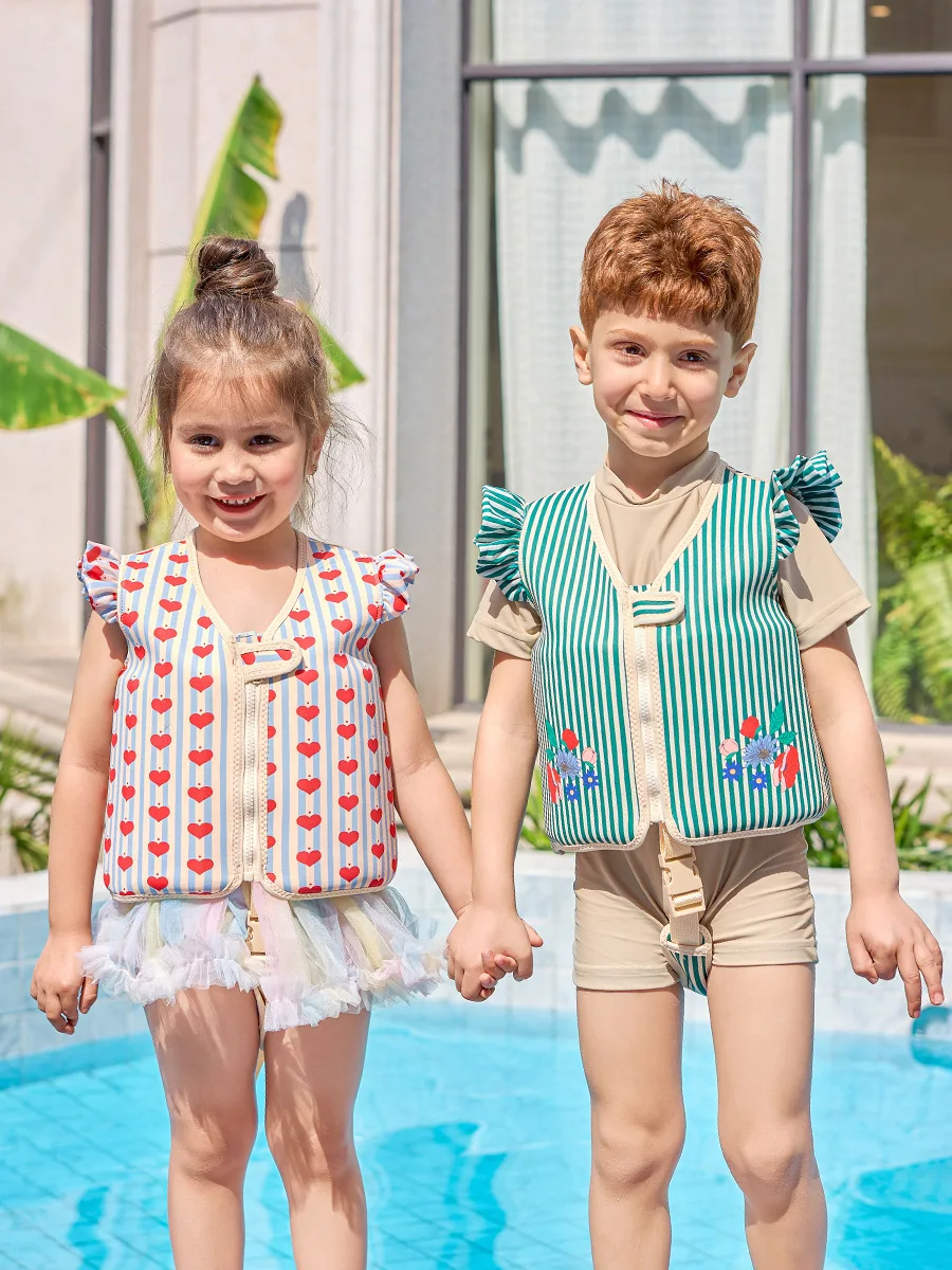 

Детский жилет плавучести с полосатым жилетом плавучести в форме сердца, спасательный жилет для начинающих, петля на руку, рукав для воды