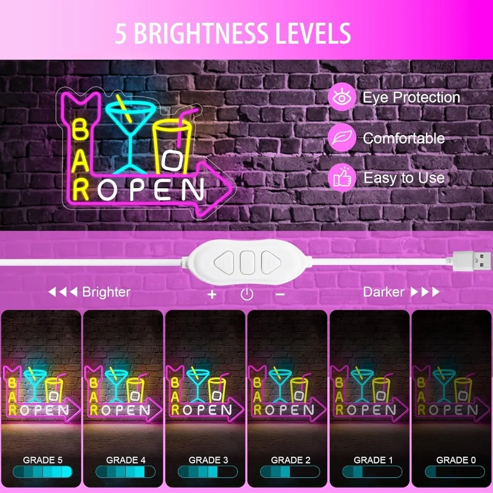 Bar Open Neon Signs, Dimmable Led Open Sign, USB Powered Bright High Visibility Open Neon Signs for Bussness Bar Man Cave Decor