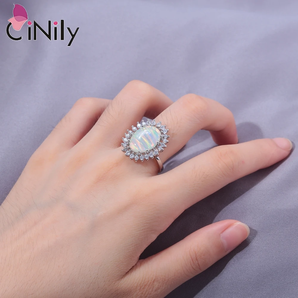 CiNily Created White Fire Opal Rings with White Zircon Silver Plated Oval Gemstone Rings for Women Girls Fashion Jewelry Size 8