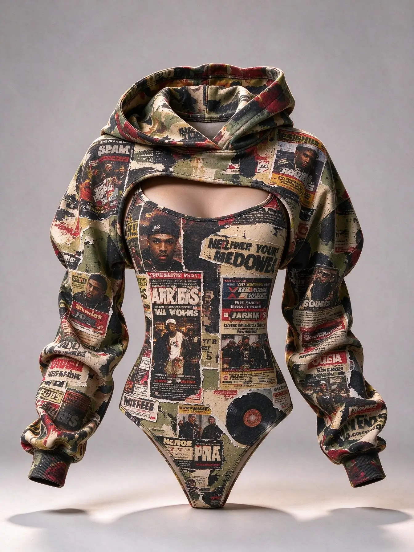 Women Vintage Newspaper Collage Print 2Pcs Outfit, Long Sleeve Hooded Shrug and Slim Spaghetti Strap Bodysuit