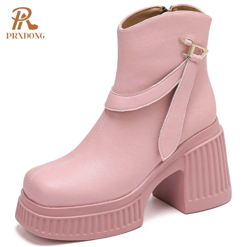 

PRXDONG 2024 New Brand Genuine Leather Autumn Winter Warm Shoes Chunky High Heels Platform Black Beige Dress Party Ankle Boots