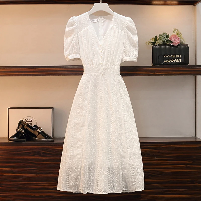 Elegant V-neck Midi Dress Women Summer Puff Sleeve White Casual Party Dress Female Office Kawaii Lace One-piece Dress Korean Y2k