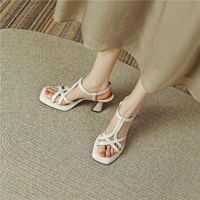 Meotina Women Genuine Leather T-Tied Sandals Square Toe Platform Block High Heels Sheepskin Buckle Narrow Band Lady Shoes Summer