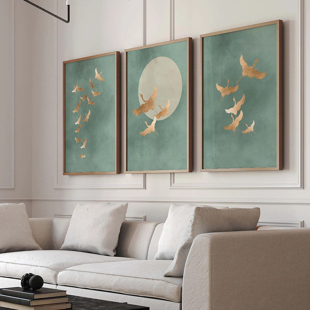 Impresiones artísticas de pared con grullas verdes salvia, juego de 3 impresiones, arte japonés de pared, pájaros artísticos japoneses, decoración minimalista para sala de estar, póster de regalo