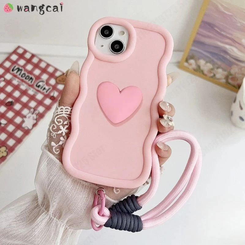 For Redmi Note 14 13 12 11 Pro Plus 12S 11S Pro+ 5G 4G Phone Case 3D Wave Cute Love Heart Soft Casing With Lanyard