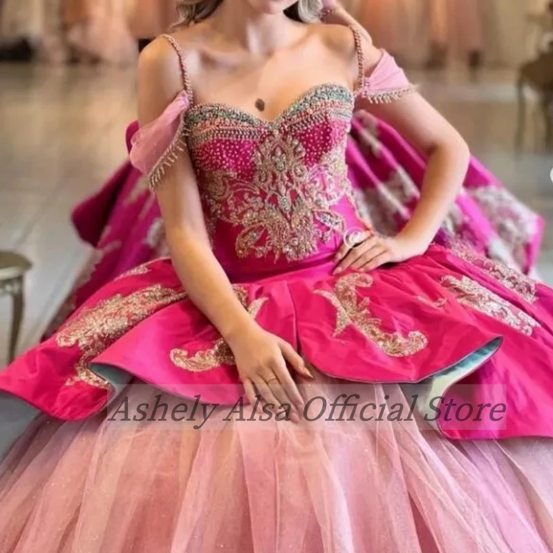 Maßgeschneiderte fuchsia rosa süße 16-jährige Quinceanera-Kleider für Mädchen, schulterfrei, Perlenapplikation, Abschlussball, Vestido de la Princesa Jasmine de