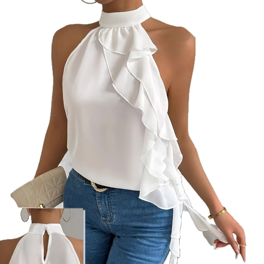 2025 봄 여름 여성용 백리스 니치 넥 슬리브리스 베스트 셔츠, 탑