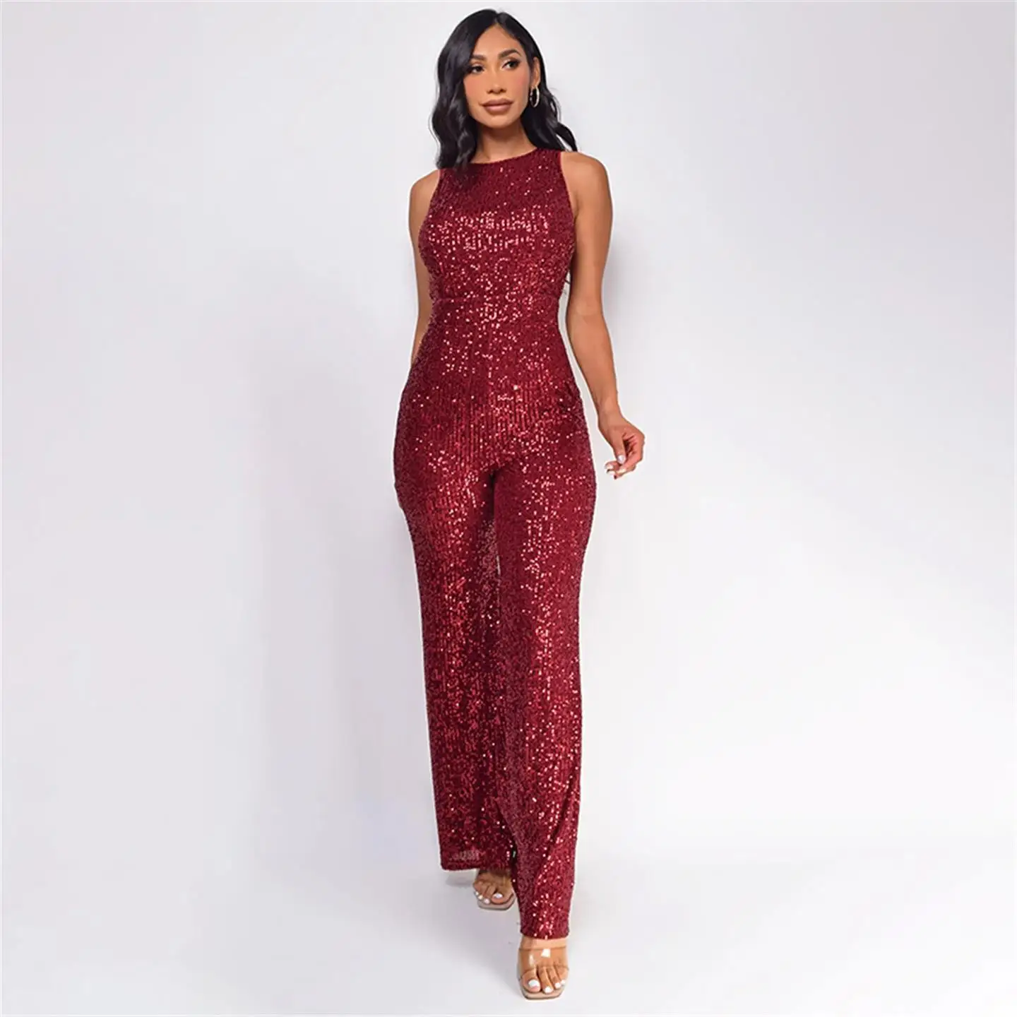 

Slim Fit round Ne Piece Suit for Women Svel iny Sequins Jumpsuit Faionable Profional Women's Pant Suit