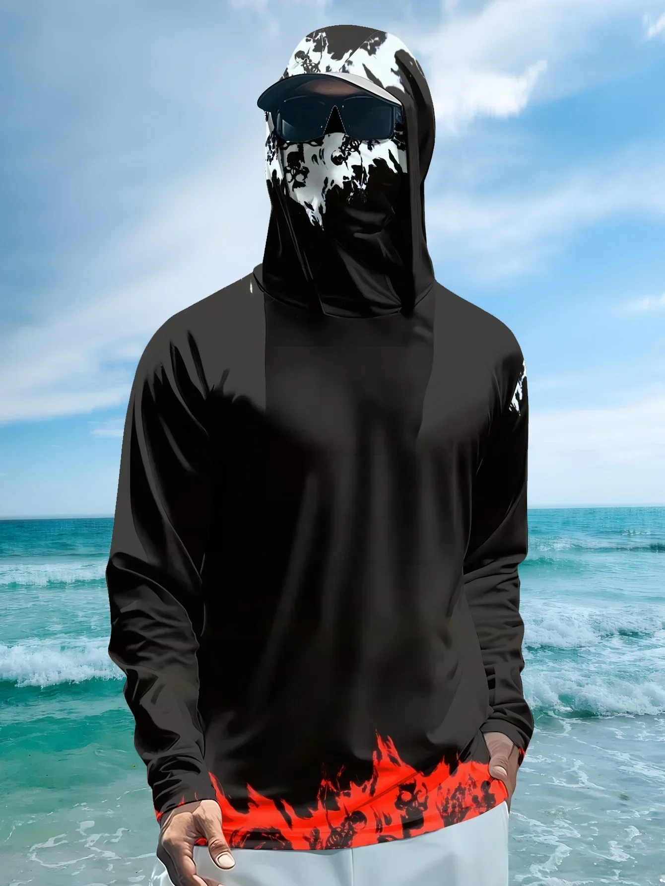 Mens Hooded Fishing Shirt With Face Cover 3D Print Skull Flame Gradient Pattern Polyester Long Sleeve Sun Protective Top