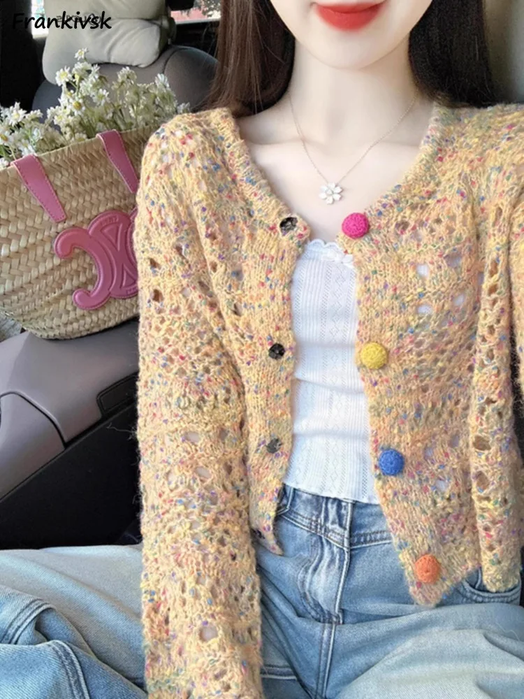 Cropped Knitted Cardigan Women Soft Hollow Out Gentle Warm Casual Colorful Button Design Aesthetic Outwear Korean Fashion Autumn