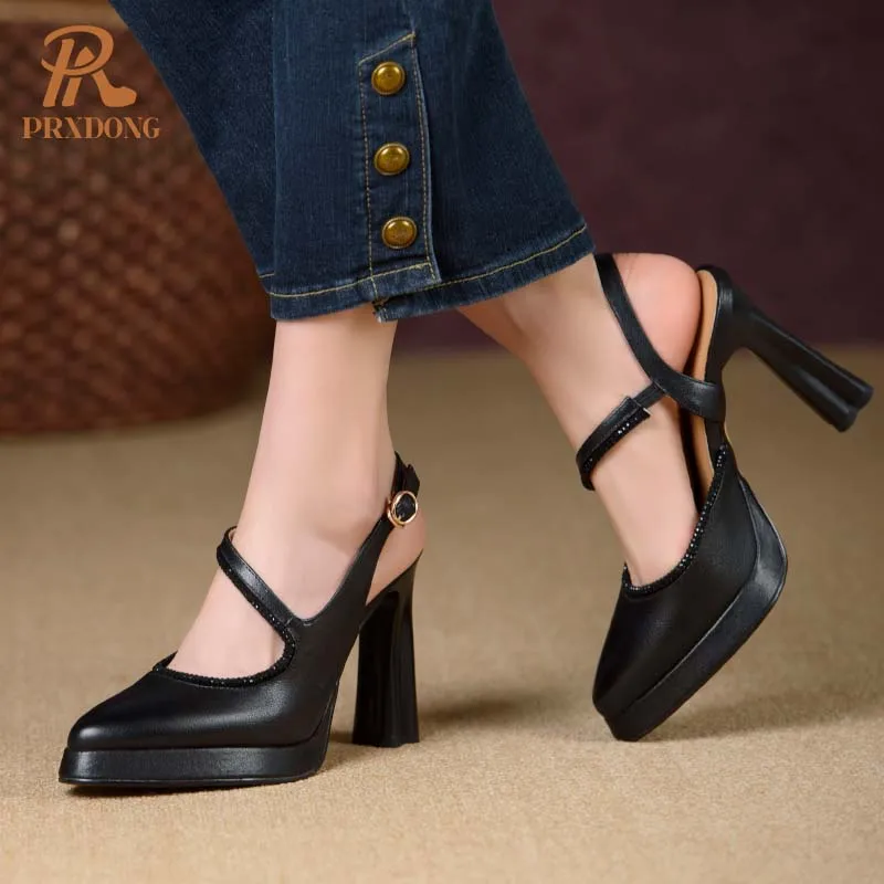 PRXDONG 2024 New Brand Summer Genuine Leather High Heels Platform Women Pumps Black Wine Red Dress Party Office Lady Shoes 34-39