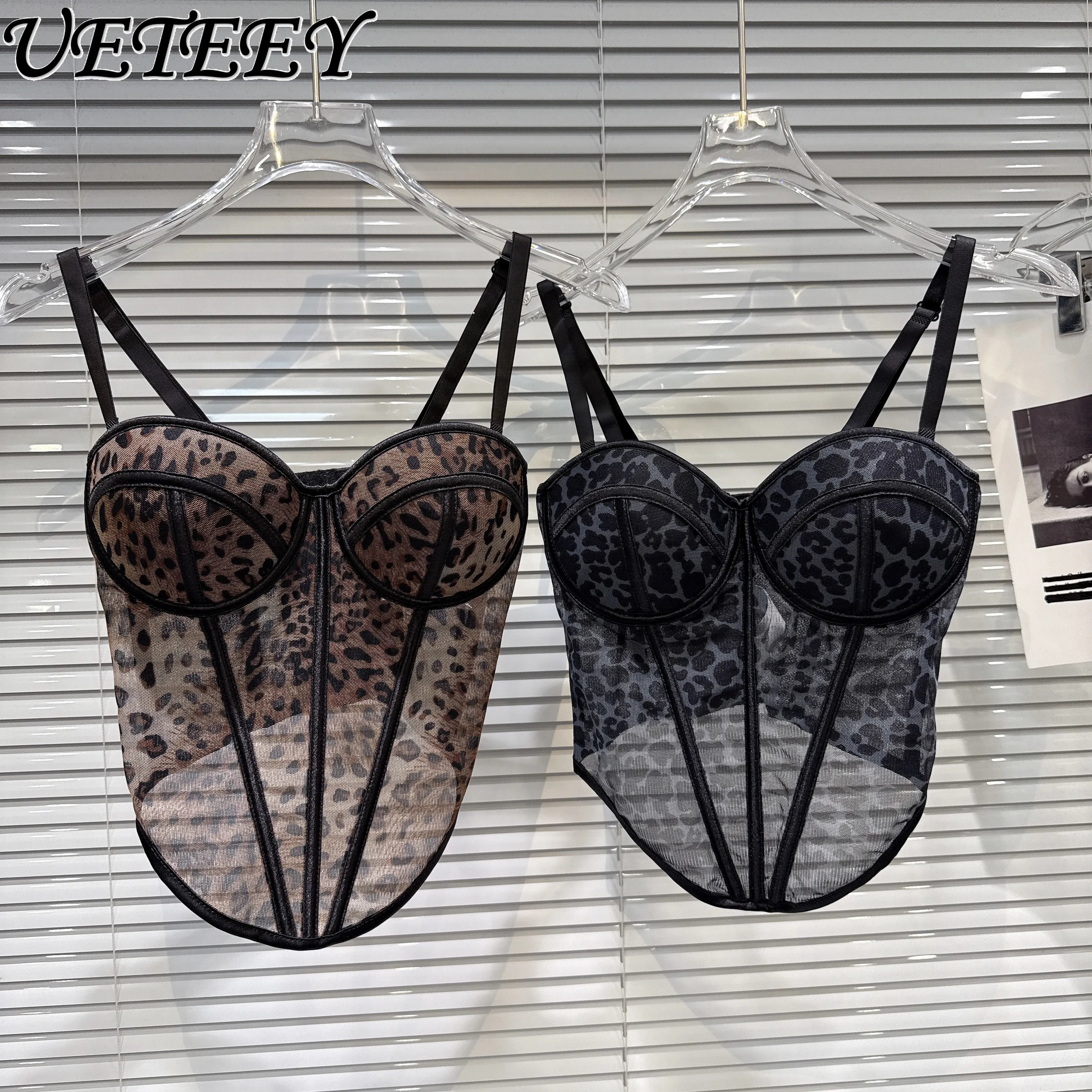 

2026 Summer New Sexy Hot Girl Leopard Print Mesh Fishbone Waist Tight Chest Pad Camisole Elastic Slim Nightclub Vest Crop Top