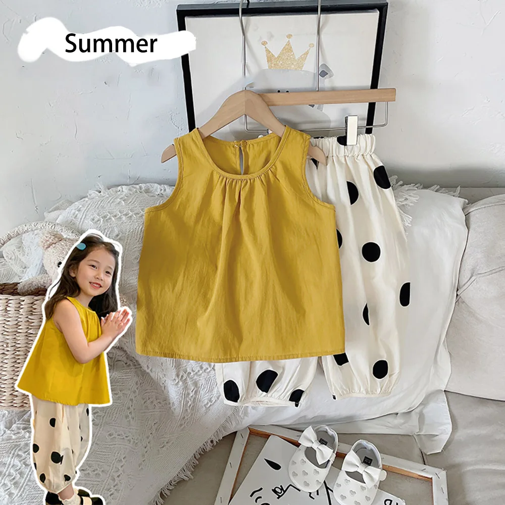 

Summer Girl Vest Suit Korean Style Sleeveless T-shirt Kids Girls Tops+Polka Dots Pants 2Pcs Casual Thin Children Clothes 1-8Y