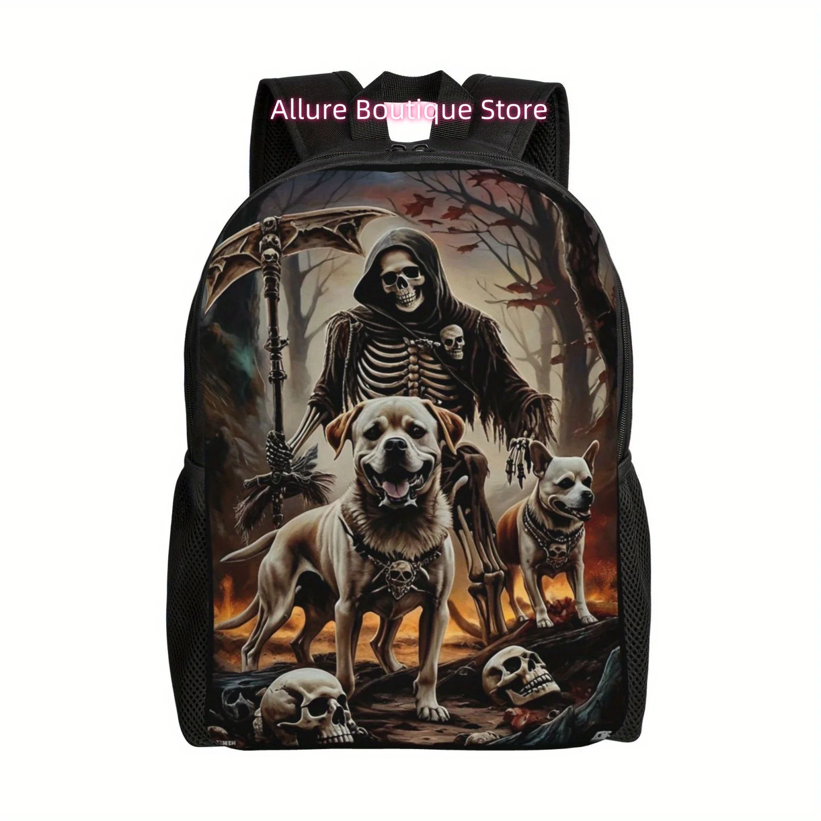 Skull Print Lightweight Backpack - Adjustable, Large Capacity for School, Work, Travel & Sports | Durable Polyester with Button