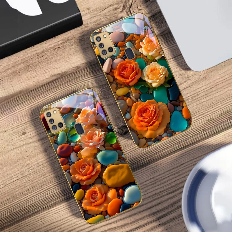 

Pebbles and rose elements For Samsung A 31 32 A33 A34 35 14 15 13 16 25 26 50 52 53 54 55 56 70 71 72 73 Golden glass phone case