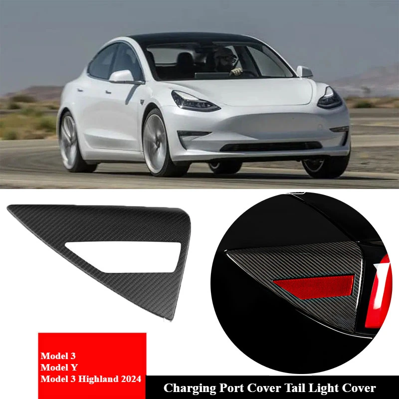 Real Carbon Fiber Rear Door Side Reflector Cover Charging Port Cover Tail Light Cover Trim For Tesla Model 3/Y/3+ Highland 2024