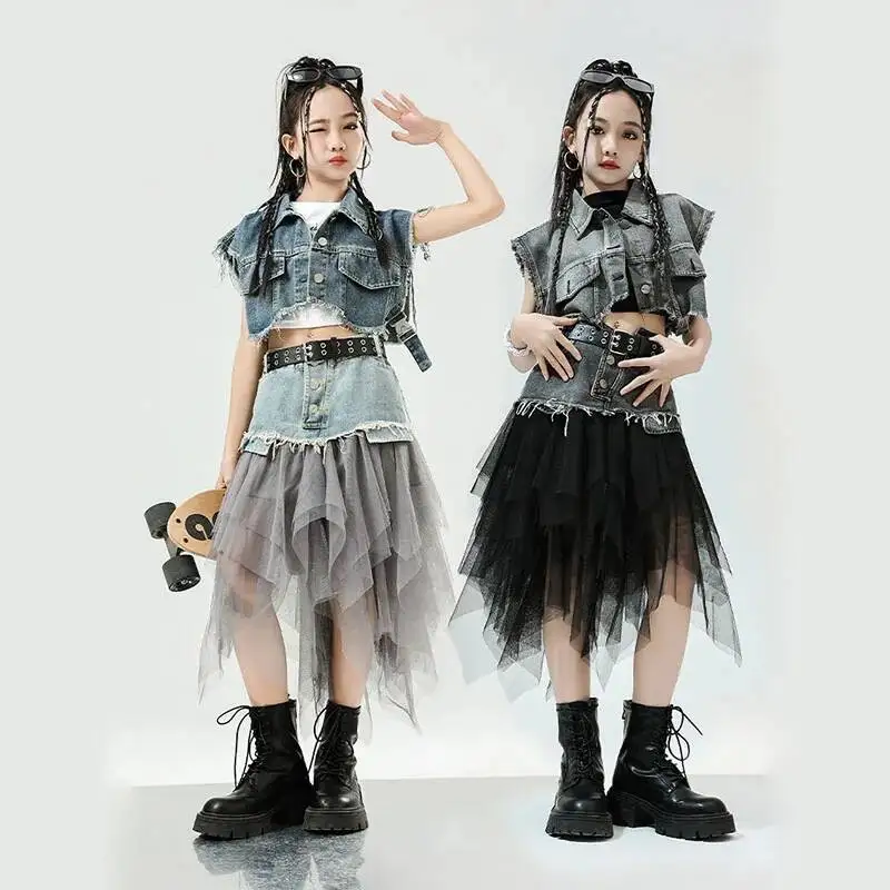 

Детская одежда в стиле хип-хоп: джинсовая синяя безрукавка, жилет, топ, уличная юбка с сетчатыми вставками для девочек, костюм для джазовых танцев