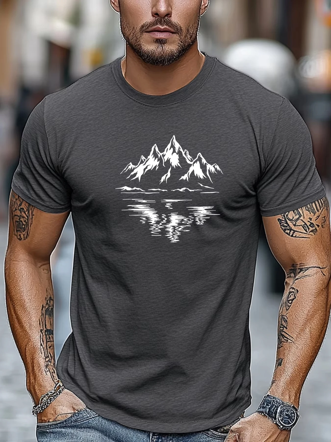 100% Cotton Men's Loose and Breathable Casual Snow Mountain Reflection Pattern Printed Round Neck Short Sleeved T-Shirt