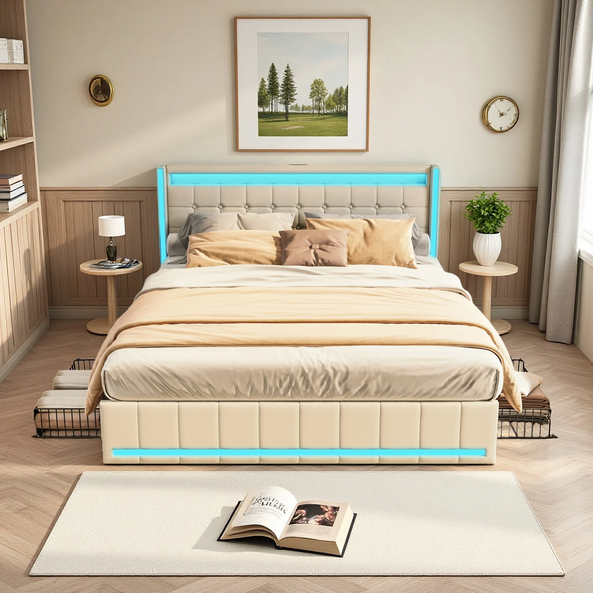 Anajqaqia Lit rembourré avec port USB, éclairage de chevet et de pied de lit, 4 tiroirs, pour chambres à coucher, lin, beige, 140x190cm