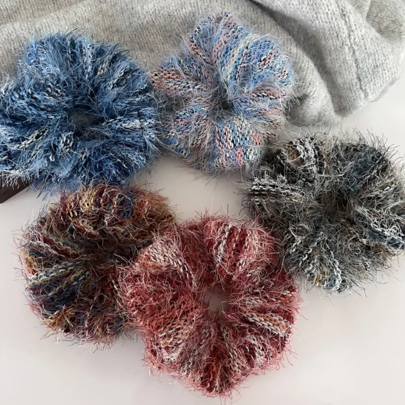 Vintage Woolen Handmade knitting Colorful Scrunchies Headwear Autumn Winter Korean Sweet Plush Hair Band Female Hair Accessories