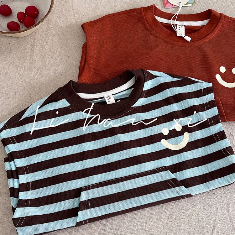 2024 Summer New Children's T-shirt Class A Boys and Girls Knitted Short sleeved Striped Top Sleeveless Loose