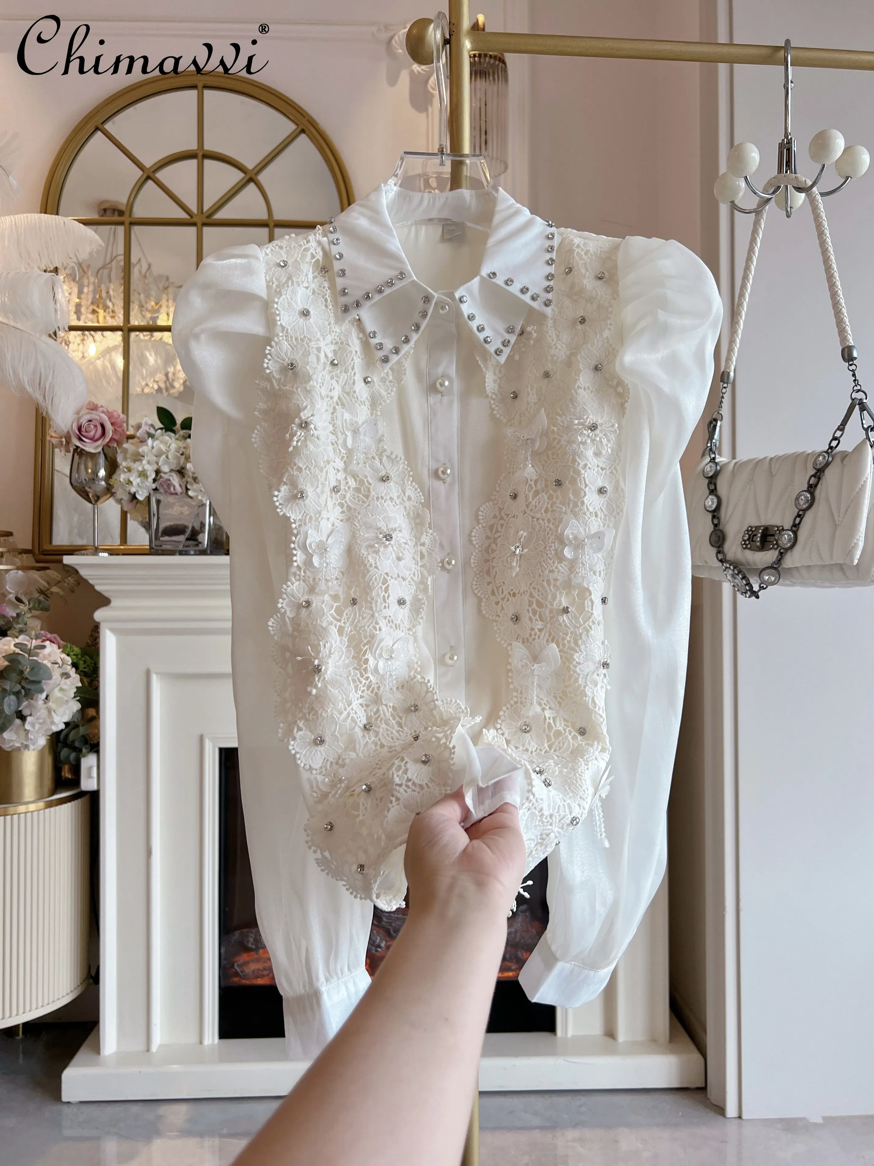 

Palace Style Fashion Lace Blouse Women 2025 Autumn Heavy Fashion Elegant Long Sleeve Sweet Light Luxury Ladies Shirt Tops