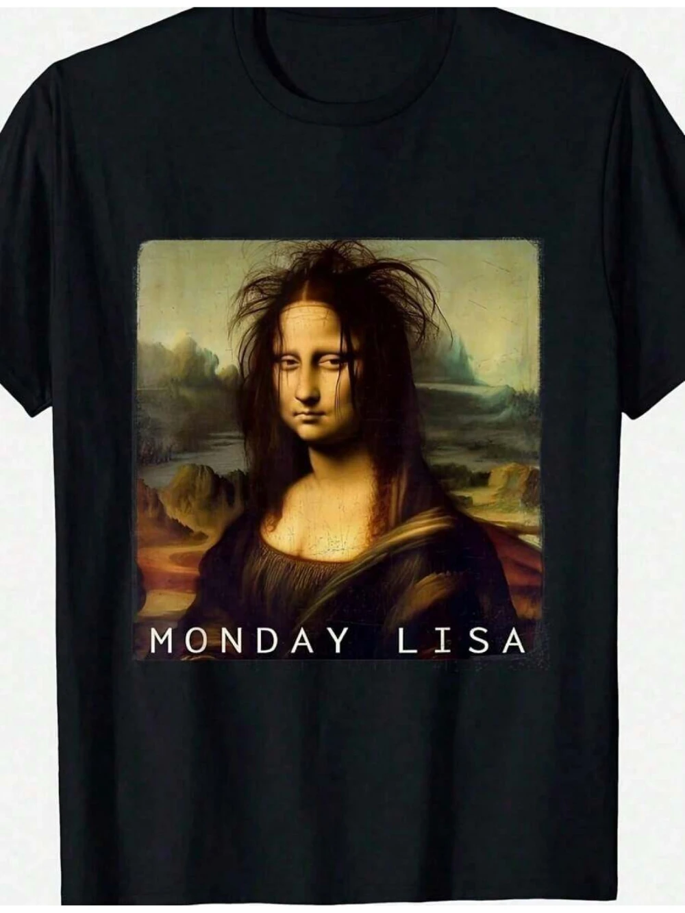 Camiseta Gráfica Parodia Lisa Mona Lisa de Funny Monday, Diseño Humorístico Inspirado en el Arte, Tela Suave Elástica 200, Corte Holgado, Unisex