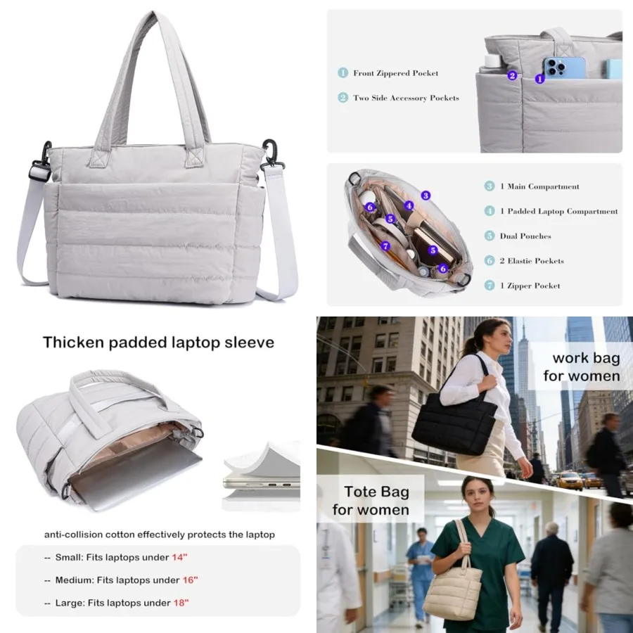 

Laptop Tote Bag for Women Lightweight Puffer Quilted Work Tote Padded Laptop Compartment Shoulder Handbag Travel Nurse