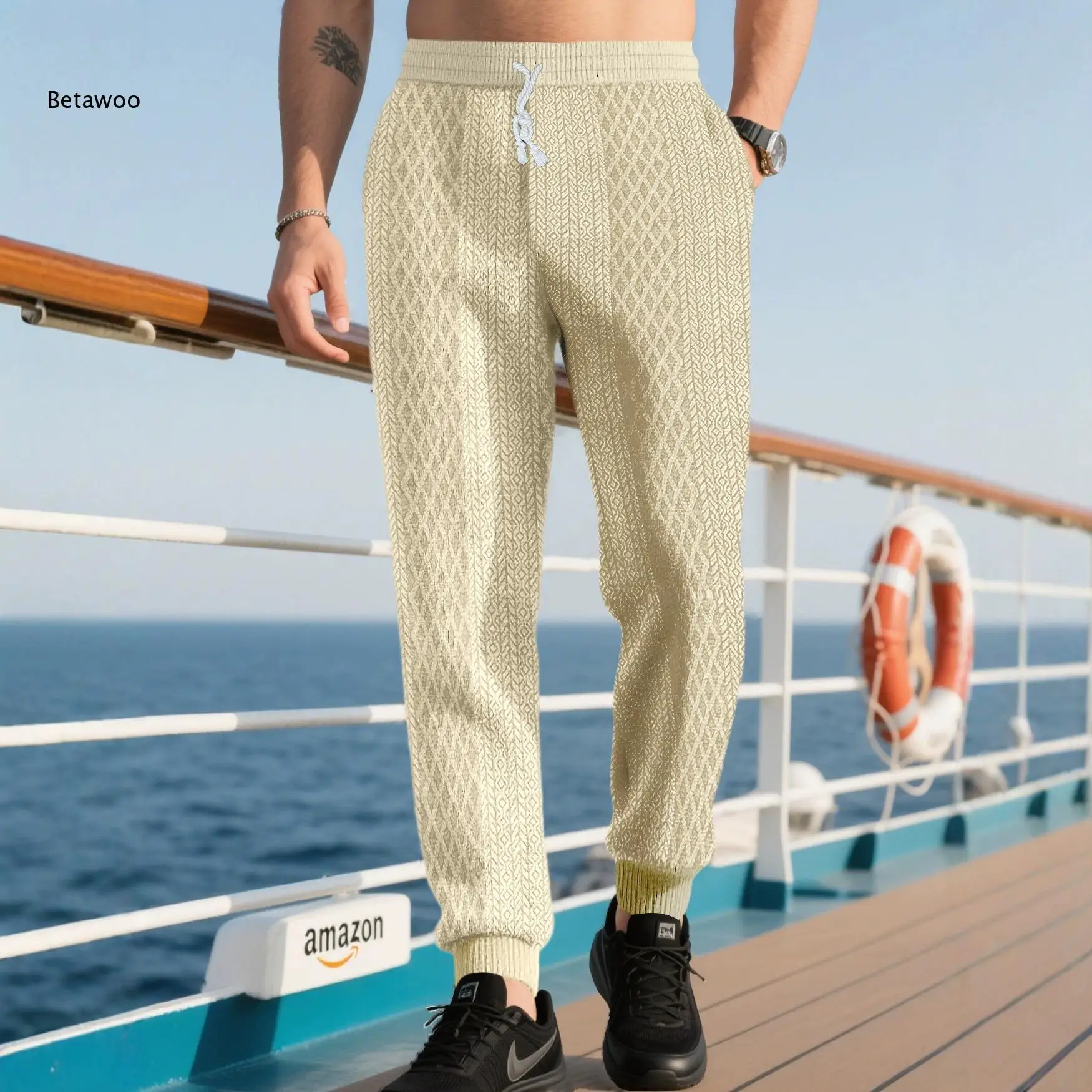 Textured Knit Cuffed Jogger Pants For Men Beige Color Adjustable Drawstring Waist Multi Pockets For Daily And Vacation Matching