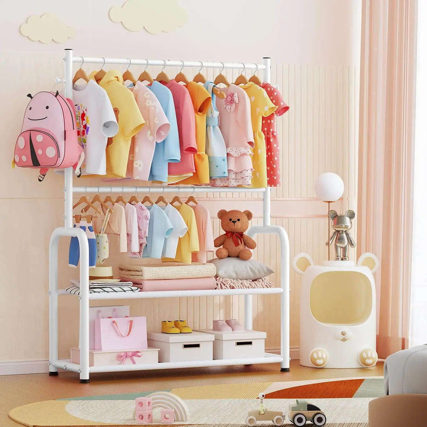 ราวแขวนเสื้อผ้าเด็กพร้อมชั้นวาง 2 ชั้นและราวปรับระดับได้, ตู้เสื้อผ้าเด็กสีขาวสำหรับแขวนเสื้อผ้า