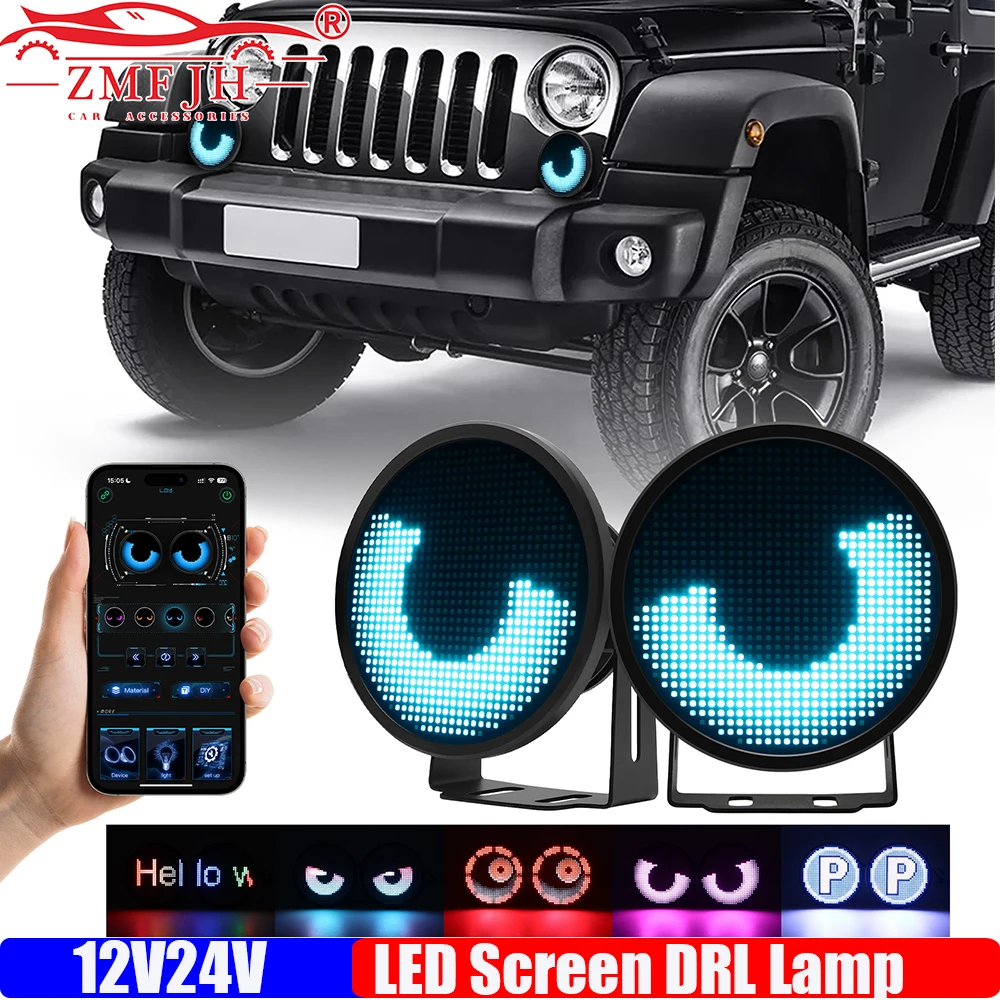 

ZMFJH 2PCS APP LED Screen Blink Eyes Fog Light DIY Multimedia Player Dynamic Eye Lights Car Headlamps LED DRL Lamp 12V24V
