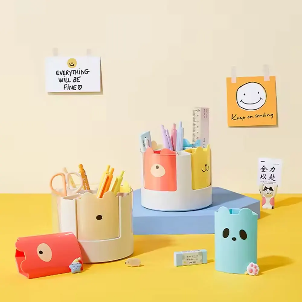 1pc 360° Rotating Pen Holder, Desktop Stationery Organizer with 4 Removable Compartments, Makeup Brush Holder