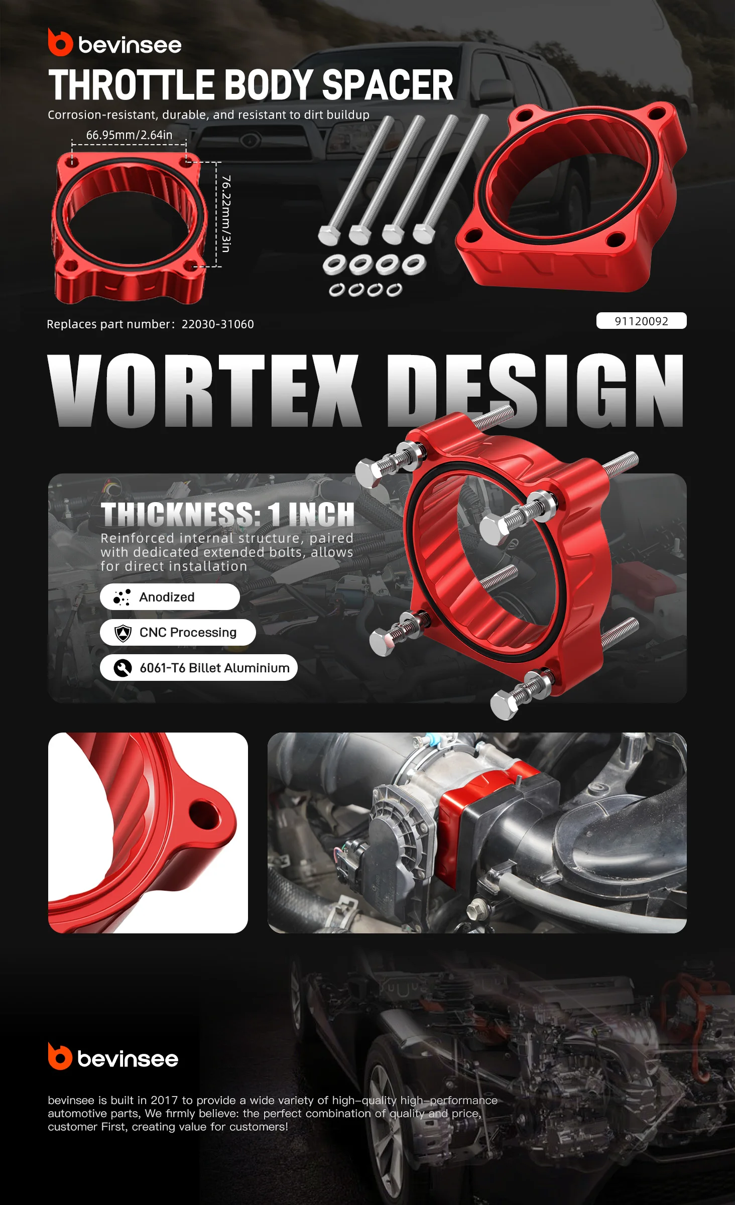 BEVINSEE Drosselklappengehäuse-Abstandshalter-Set für Toyota 4Runner/Tundra/FJ Cruiser, ersetzt 22030-31060 – Detail 1