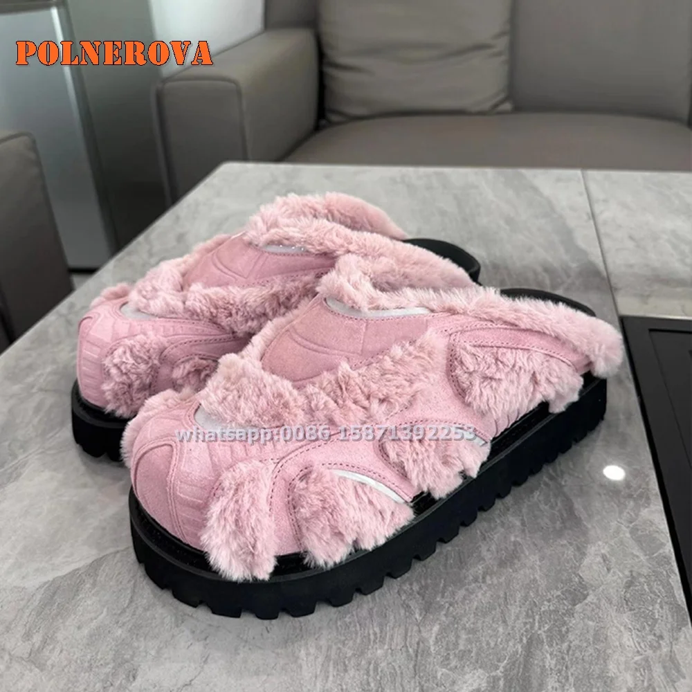 

Furry Fur Shallow Pink Winter Slippers Big Toe Thick Sole Slingback Mixed Colors Plush Women Slides Casual Comfortable Shoes