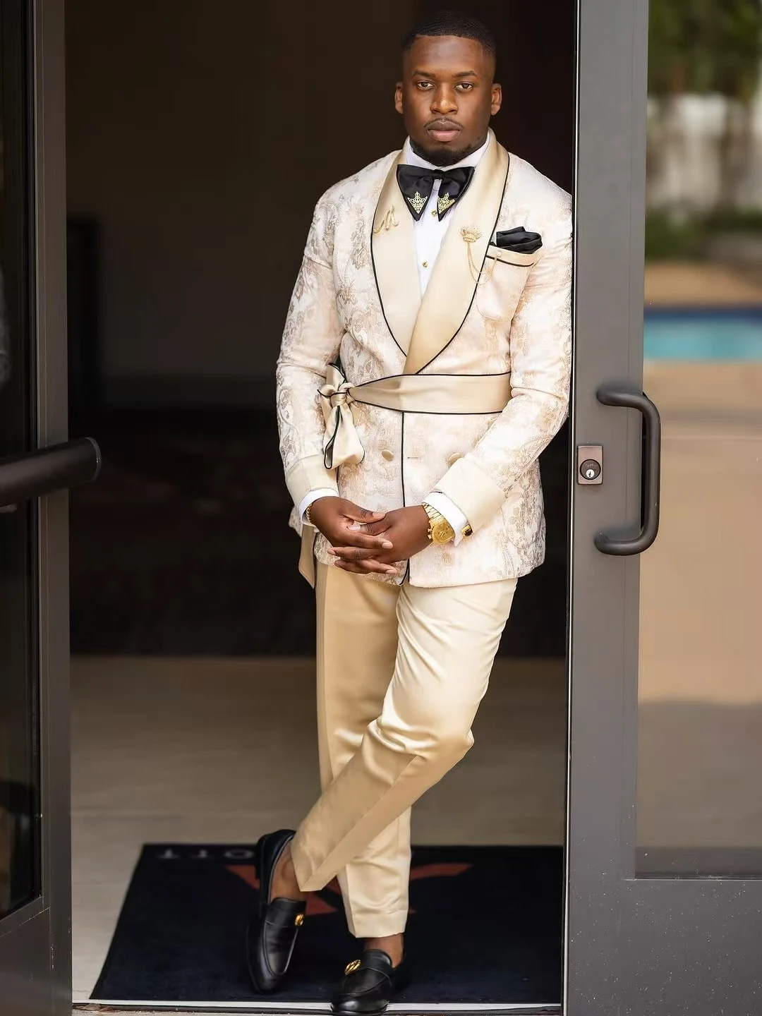 

Jacquard Men Suit Set 2 Pcs Blazer+Pants Trousers Belted Autumn Wedding Tuxedo Formal Office Jacket Prom Coat Customized