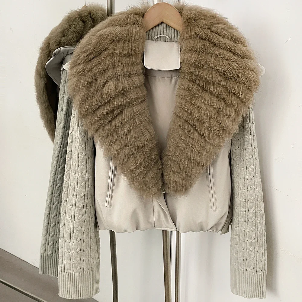 OFTBUY 90 White Duck Down Jacket Cable Knit Sleeve Zipper Drawstring Hem Cropped Coat Women Winter Real Layered Fox Fur Collar