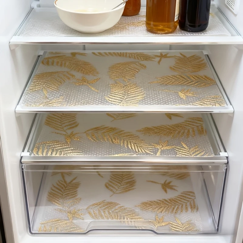 

4PCS Washable Kitchen Refrigerator Mats Drawer Mats With Creative Golden Leaf Design Waterproof Oil-Resistant Pads For Cabinets