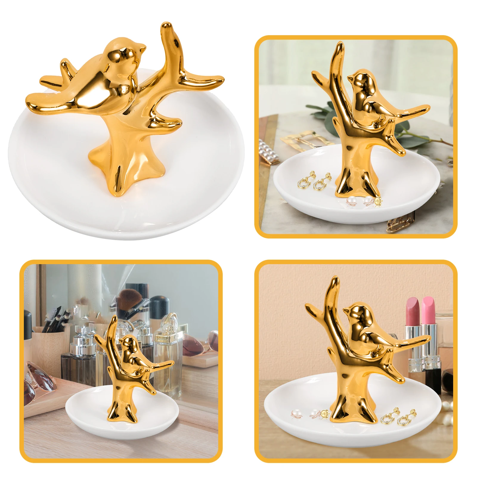 

Ceramic Tree Head Bird Jewelry Plate Tray Double Organizer Earring Holder Ring Storage Decorative Lipstick Dish