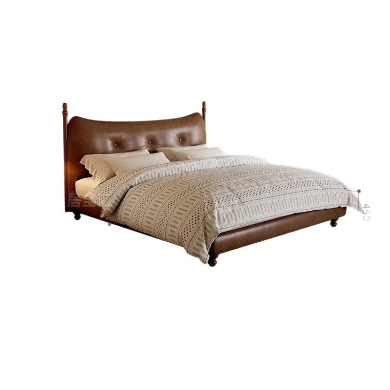 

Medieval leather bed solid wood first layer cowhide beech row skeleton small apartment American retro