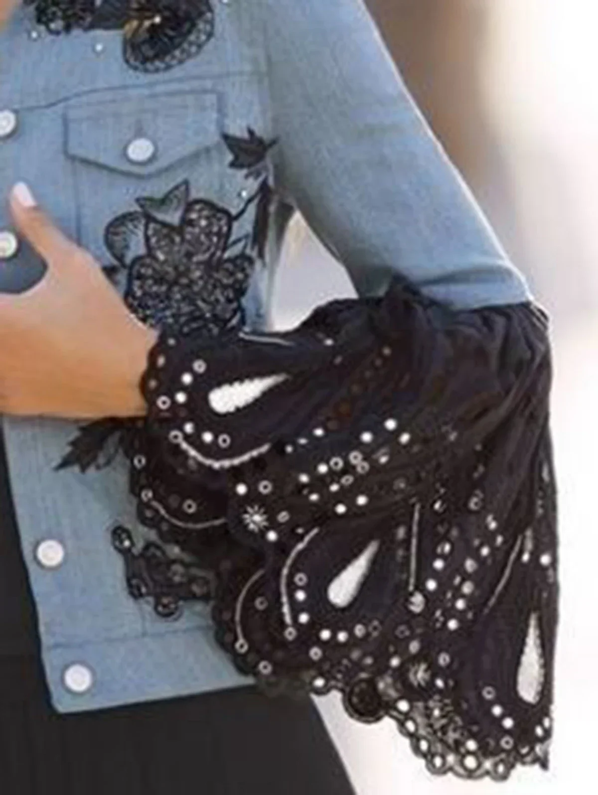 Fashion Women\'s Jacket Rhinestone Floral Denim Lace Patchwork Flared Sleeve Button Jacket Long Sleeve Lapel Vest 2024 Summer