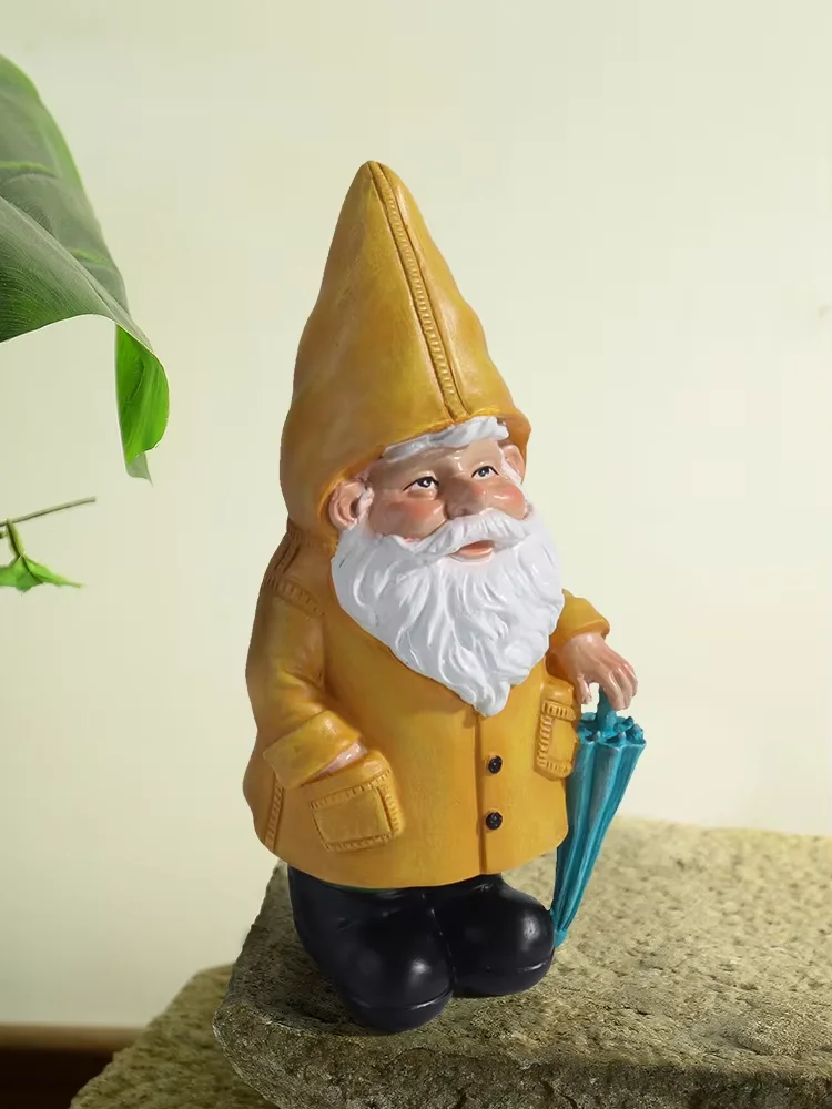 Garden Gnome Statue, Yellow Gnome with Umbrella, Outdoor Landscape Decoration, Garden, Courtyard, and Lawn Decor
