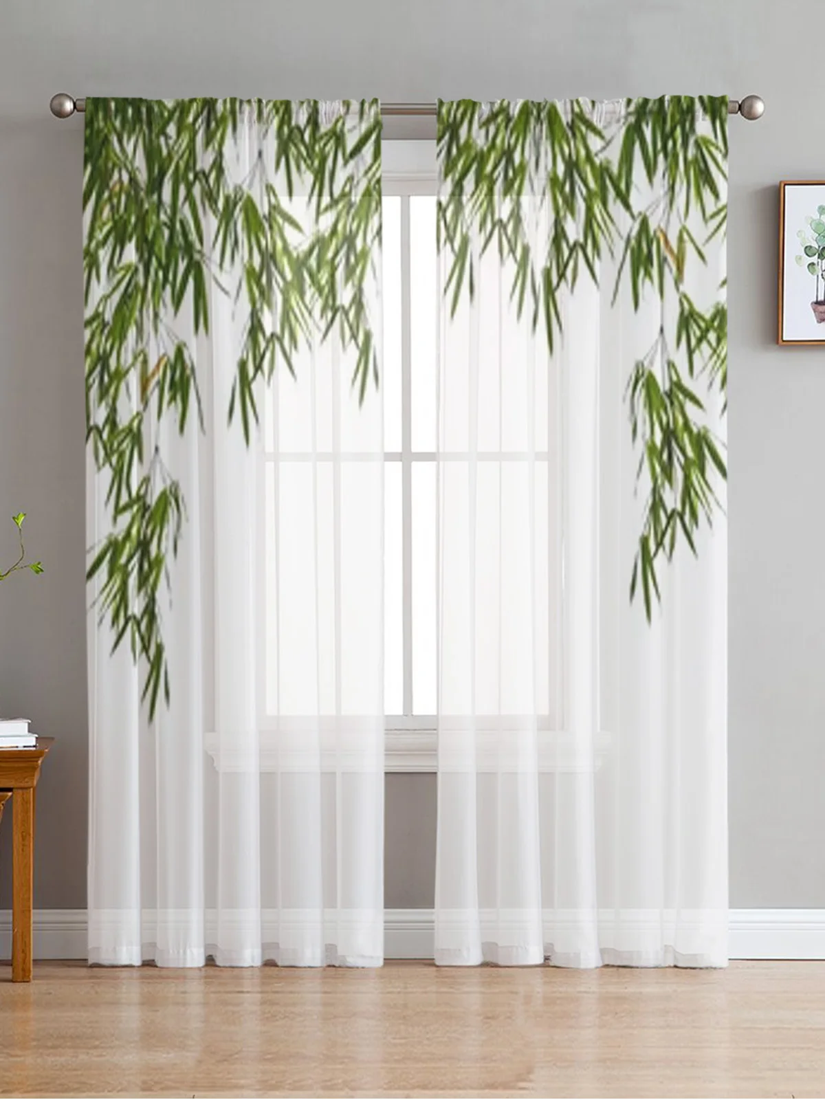 Bamboo Leaves On White Background Sheer Curtains Bedroom Voile Curtain Living Room Window Sheer Curtains Kitchen Tulle Drapes