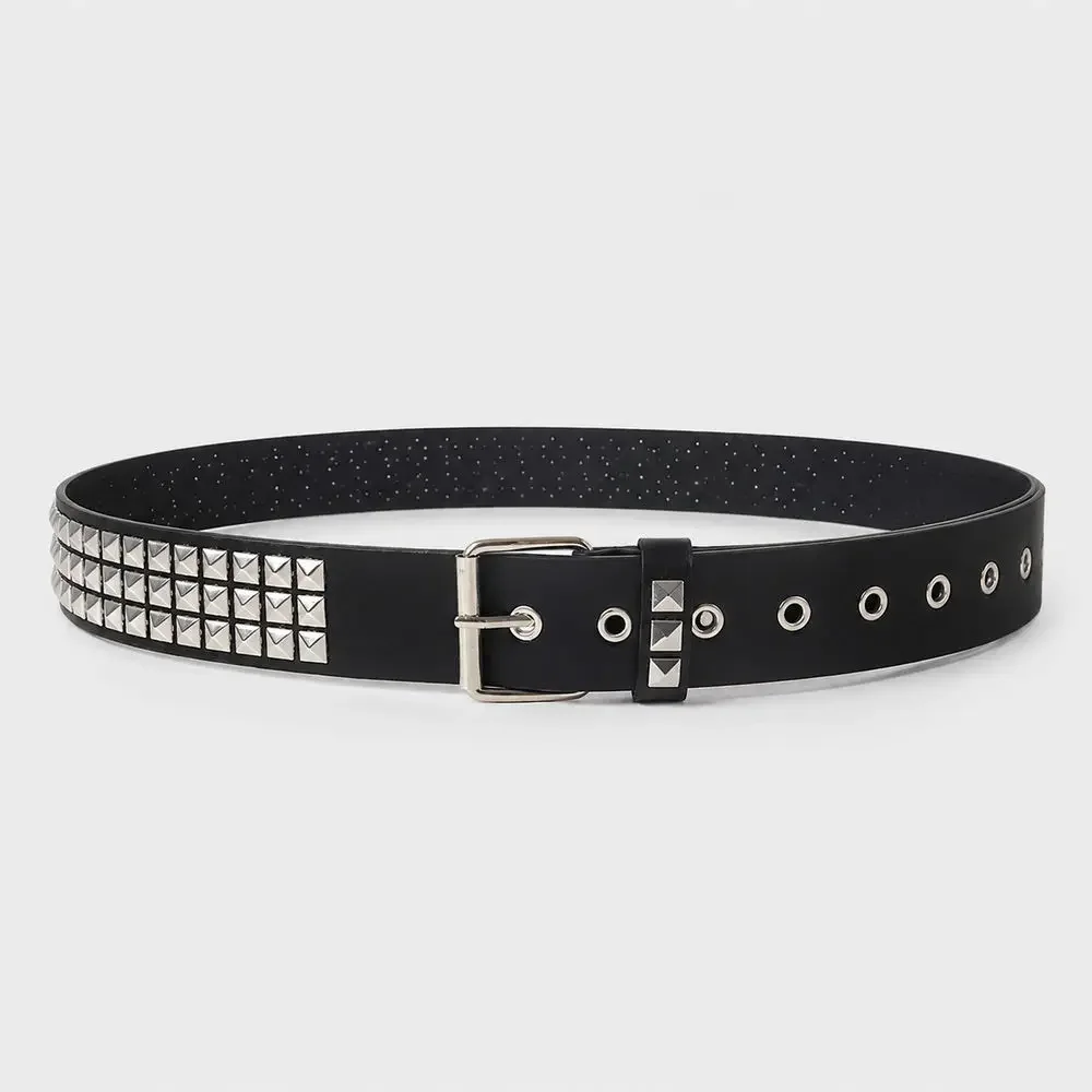 Black Punk Waist Belt 105 cm Three Rows Silver Pyramid Studs and Single Prong Buckle Dresses Jeans Trousers Western women belt